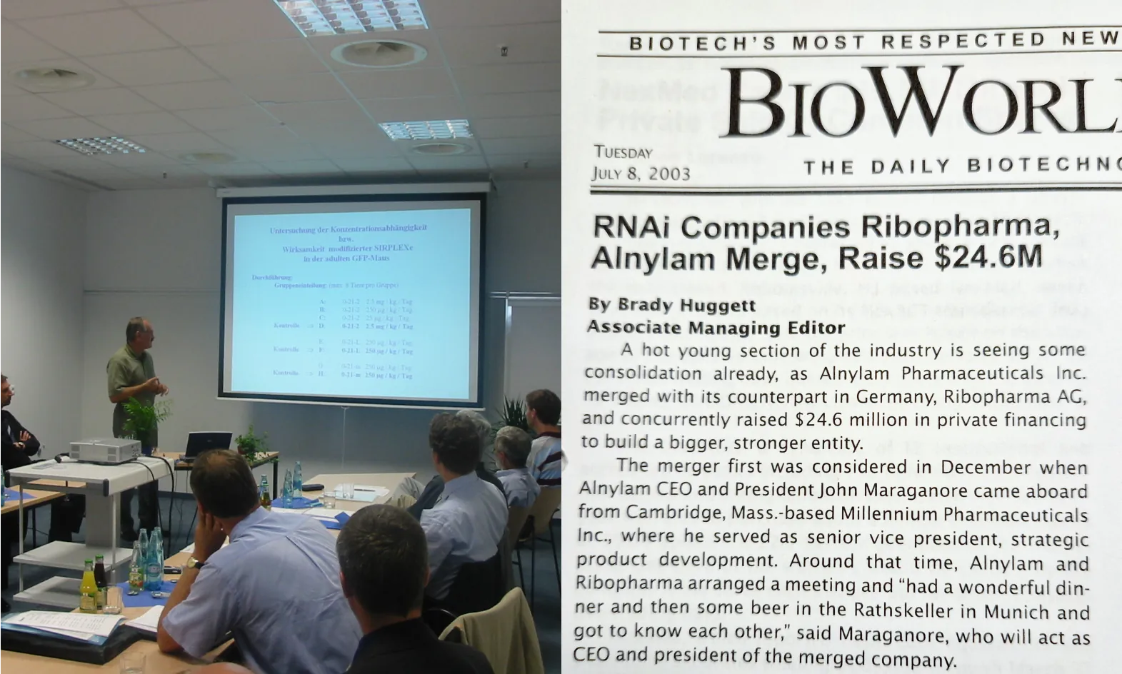 A split image showing a scientific presentation in German on the left and a 2003 BioWorld newspaper article about the Alnylam–Ribopharma merger on the right.